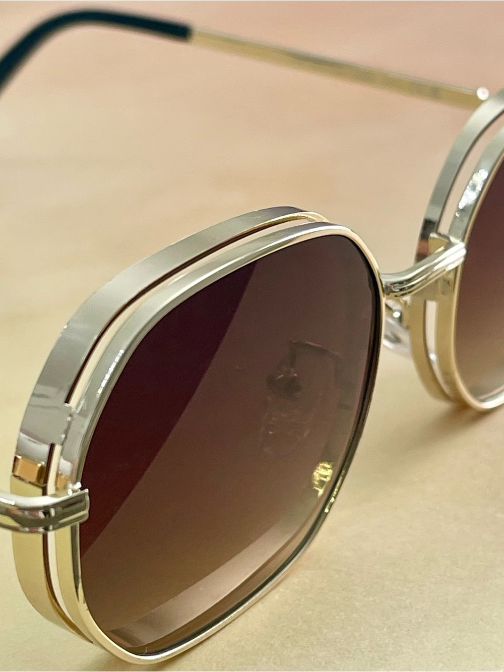 Free People Gold Doble Frame Brown Lens Square-Rounded Sunglasses - Picture 2 of 13